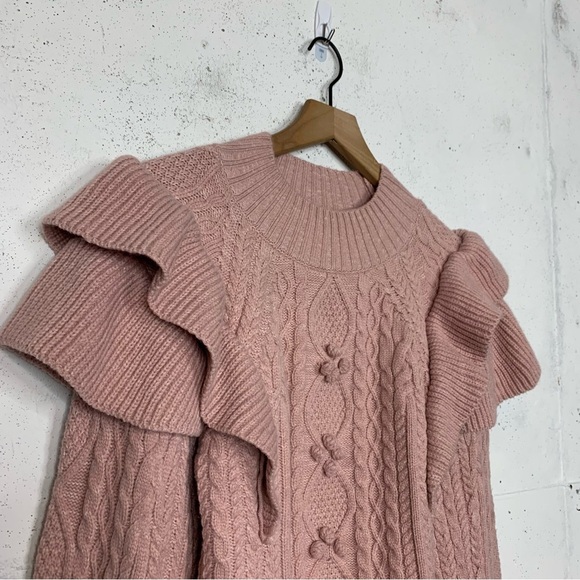 Vici Blush Pink Ruffle Shoulder Chunky Knit Sweater Size Medium - Picture 4 of 9